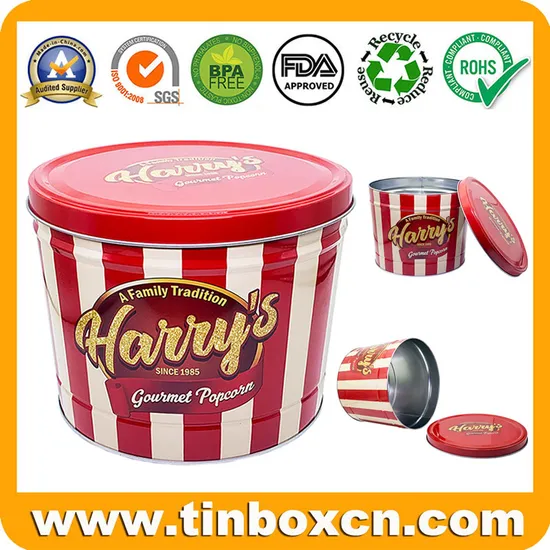 Factory Custom 0.5/1/2/3.5/6.5 Gallon Corn Metal Bucket Tin Can Popcorn Tin with Lid and Handle for Holiday and Christmas Wholesale 